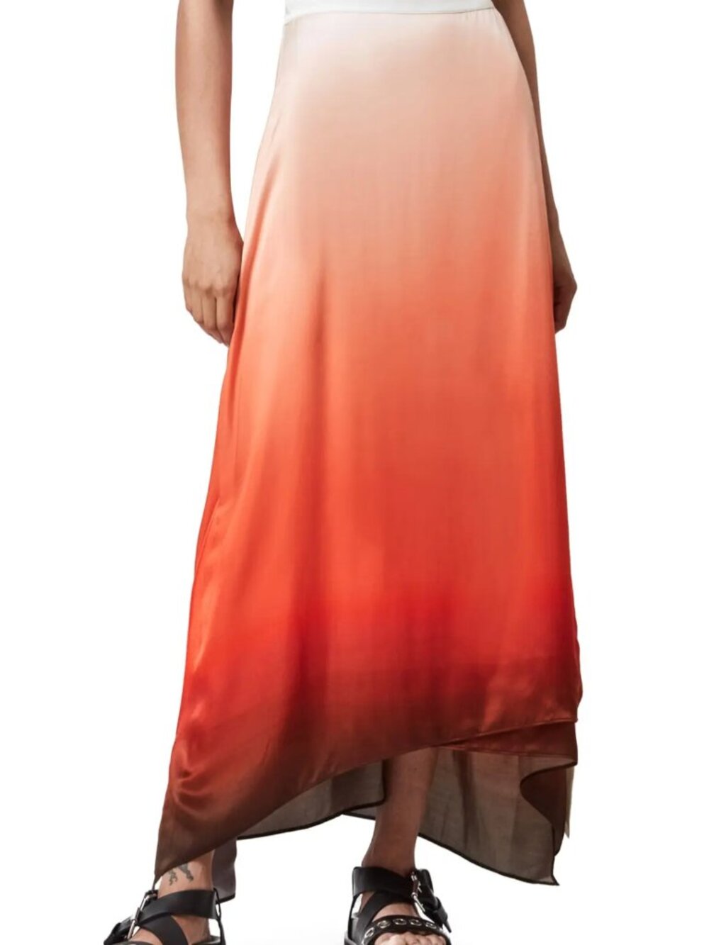 AllSaints Vinia Ombre Midi Skirt Blush to Burgundy Satin Silk US 8